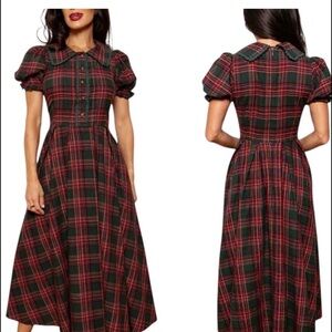 Ivy City Co Red and Green Plaid Puff-Sleeve Maxi Dress